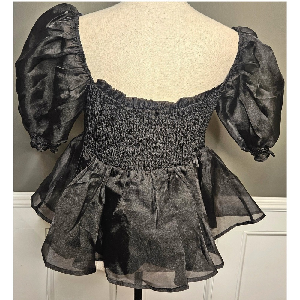 MABLE Black Organza Puff Sleeve Peplum Babydoll Top Smocked Back NWOT Med - Picture 3 of 9